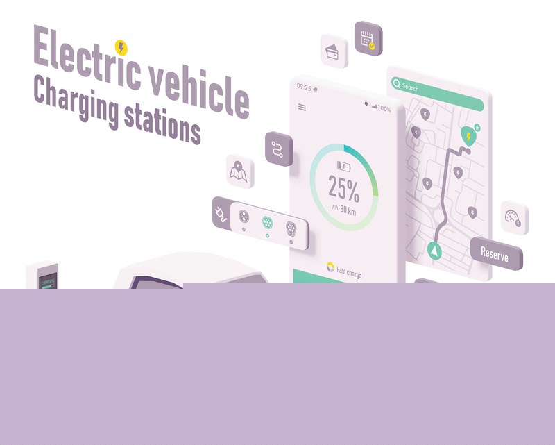 Vector electric vehicle charging stations app concept. Smartphone with car charging details, electric car charger stations map search, EV and charging station (source: ID 155130241 © Tele52 | Dreamstime.com)